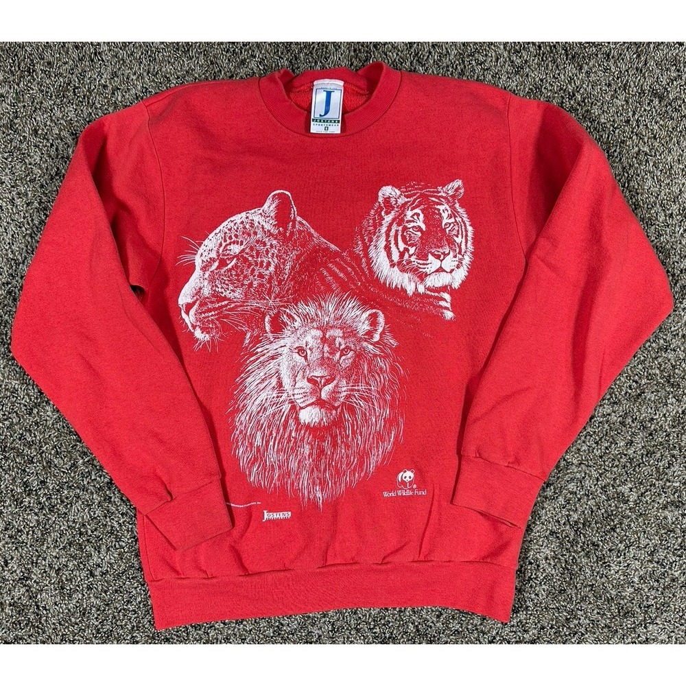 Vintage World Wildlife Fund WWF Cheetah Lion Tiger Sweatshirt Red Size Small USA